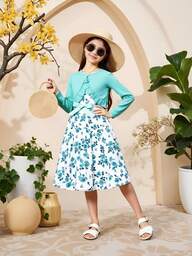 Tween Girls' Floral Print Dress With Solid Color Ruffled Hem Top, 2pcs/Set,Holiday,Summer,Travel