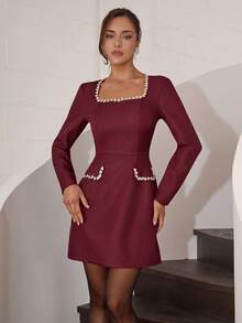 Modelyn Đầm ngắn cổ vuông tay raglan ôm sát viền màu cho nữ - Màu Đỏ Sâu - Xem 3