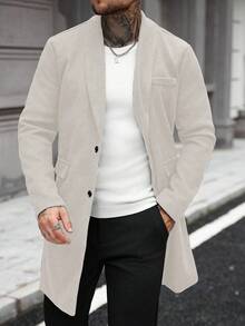Manfinity Homme 男士纯色口袋纽扣长袖大衣，秋季长款米色外套，冬季 - 杏色 - 查看 5