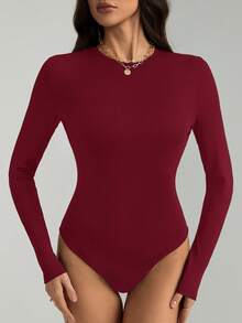 SHEIN Tall 女款純色極簡日常圓領長袖連身衣，秋季 - 酒紅色 - 查看 6