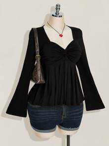 SHEIN ICON 大码女式黑色胸部扭纹针织上衣，娃娃装针织上衣，Y2k 服装，毕业季返校季返校服装秋季服装，女式可爱上衣，娃娃装上衣 - 黑色 - 查看 4