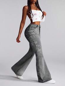 Slaydiva Plus Size Women's Fashion Embroidered Flare Jeans - Grey - View 4