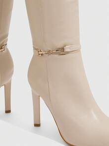 CUCCOO SZL Women's Pointed Toe Slim High Heel Metal Buckle Beige Autumn/Winter Side Zipper Knee-High Boots, Minimalist Design For Commuting, Shopping, Party For Christmas - Beige - View 8