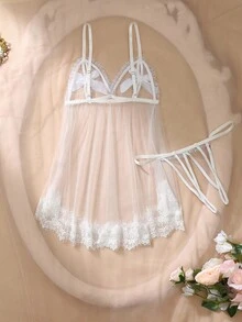 DelicateAllure Váy ngủ Babydoll ren chắp vá gợi cảm màu tương phản nơ mỏng dành cho nữ - trắng - Xem 2