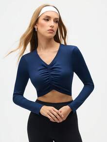 SHEIN Sports Women's Navy Blue Ruched V-Neck Long Sleeve Crop Top, Stretch Athleisure Workout Tee For Gym And Daily Wear - Navy Blue - View 3