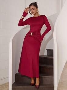 Modelyn Women's Elegant Solid Color Dress For Commuting - Burgundy - View 3