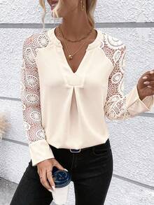 EMERY ROSE Contrast Lace Raglan Sleeve Curved Hem Notched Neckline Blouse For Holiday Party Clothes - Apricot - View 6