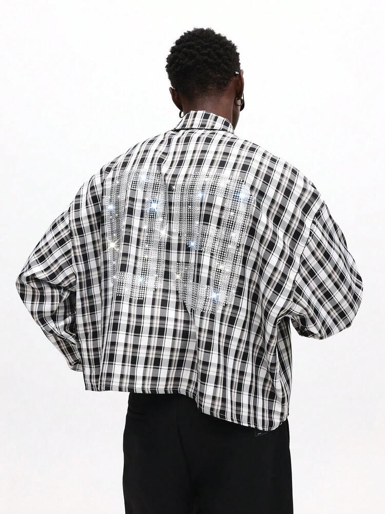 Crop Fit Check Shirt With Rhinestone Graphic
