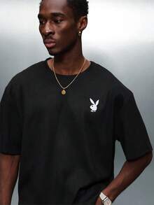 PLAYBOY X SUMWON 宽松版型绒面革 T 恤，背部有大印花，休闲街头风格短袖圆领上衣 - 黑色 - 查看 3