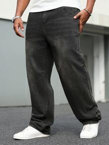 Manfinity Homme Plus Size Men's Casual Loose Fit Pockets Denim Jeans Men Baggy Black Jeans