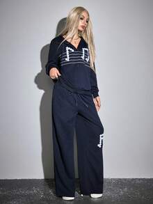 ROMWE Avant Bộ 2 áo hoodie có khóa kéo in nốt nhạc thường ngày dành cho nữ và quần dài - Màu xanh hải quân - Xem 5