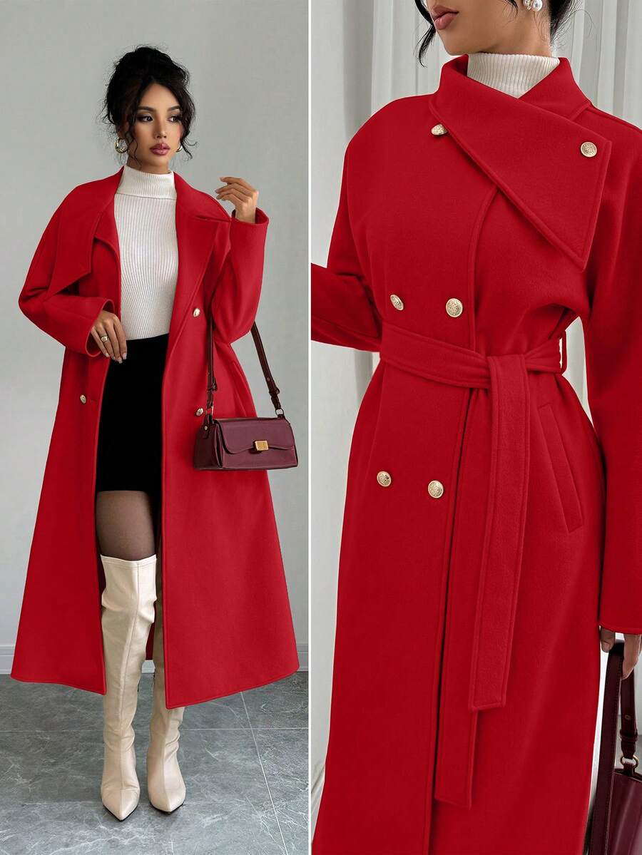 Selianne Áo khoác dài tay thanh lịch hai hàng khuy kim loại màu trơn dành cho nữ, Thu/Đông - Đỏ - Xem 1
