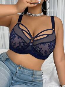 SHEIN 1pc Plus Size Lace Contrast Mesh Underwire Bra - Navy Blue - View 3