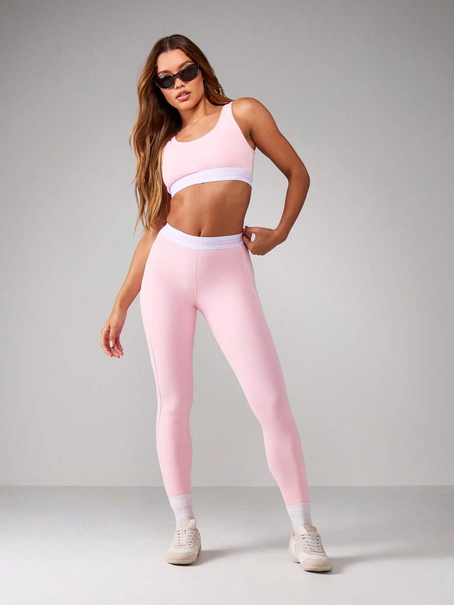 Missguided x Playboy 女士运动套装 - 圆领短款上衣搭配高腰紧身裤健身运动服 - 粉色 - 查看 1