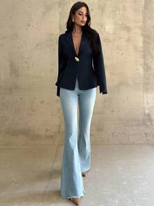 Firerie 女士休闲优雅收腰海军蓝西装外套/仿麻面料西装/收腰西装/女冬装/秋装/返校装/校服/女教师装/商务休闲女装/知性优雅女装 - 藏蓝色 - 查看 6