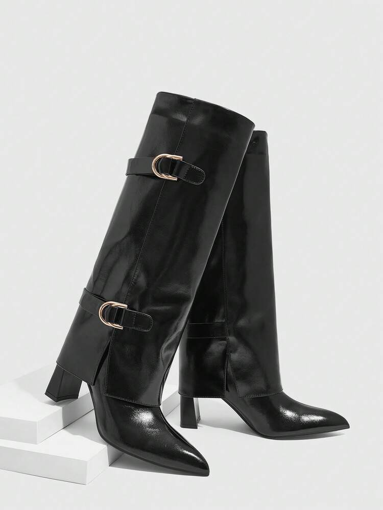 CUCCOO SZL Botas altas de charol negro con puntera puntiaguda y doble hebilla para mujer, de uso urbano