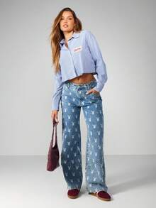 Missguided x Playboy Áo sơ mi kẻ sọc cài nút cổ bẻ dài tay, kiểu dáng công sở đơn giản, thoải mái - Màu xanh lam - Xem 3