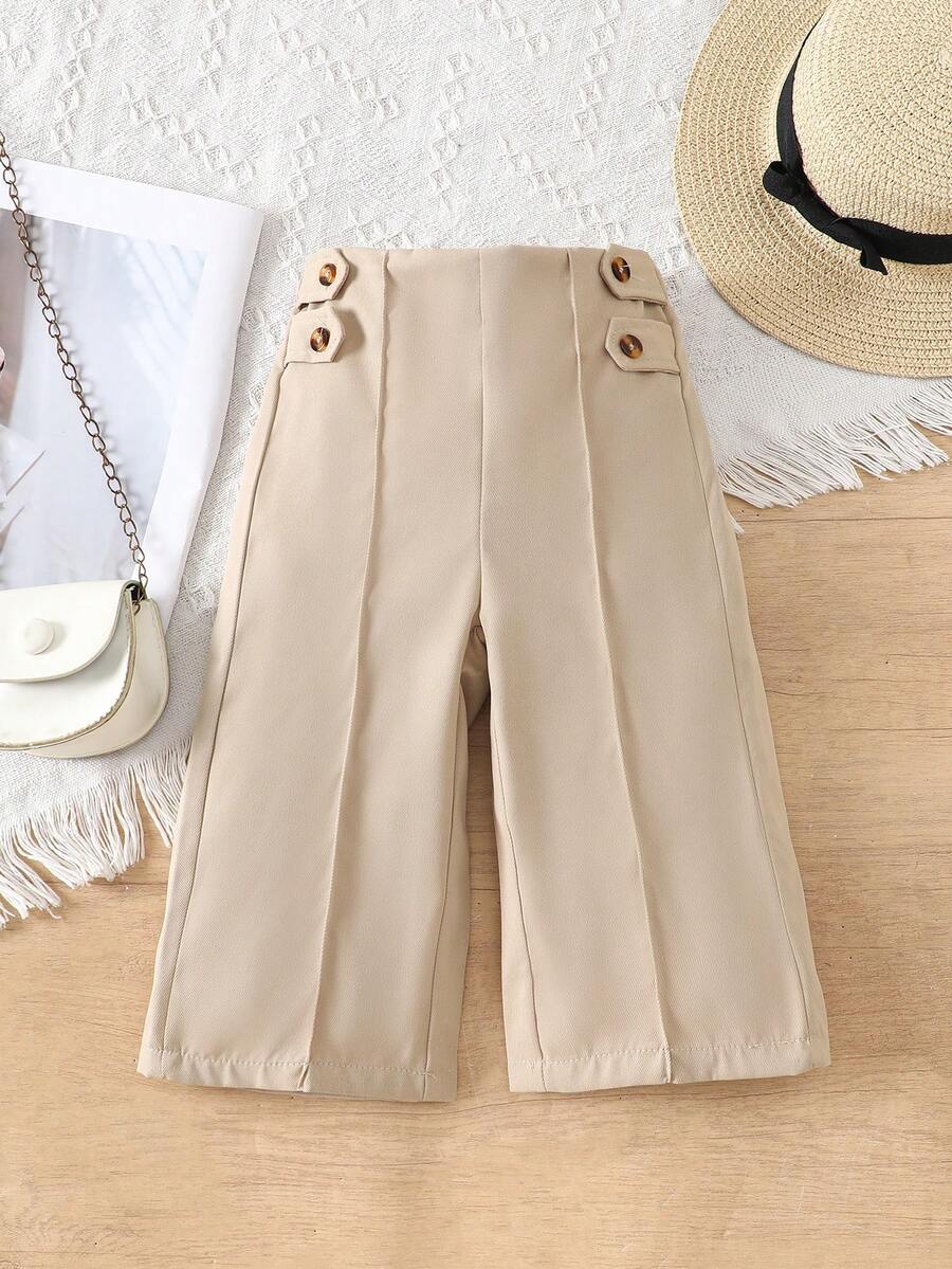 SHEIN Infant Girls' Casual Woven Pants, Fashionable Outdoor Trousers, Minimalist Style All-Match Black Pants, Autumn/Winter - Khaki - View 1