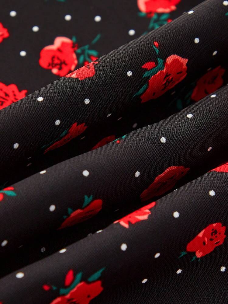 Black Button-Front Mini Dress With Red Floral Print And Contrast Embroidered Peter Pan Collar Spring Summer Spring Women Clothes Spring Summer French Style Dress Going Out Dress Office Dress
