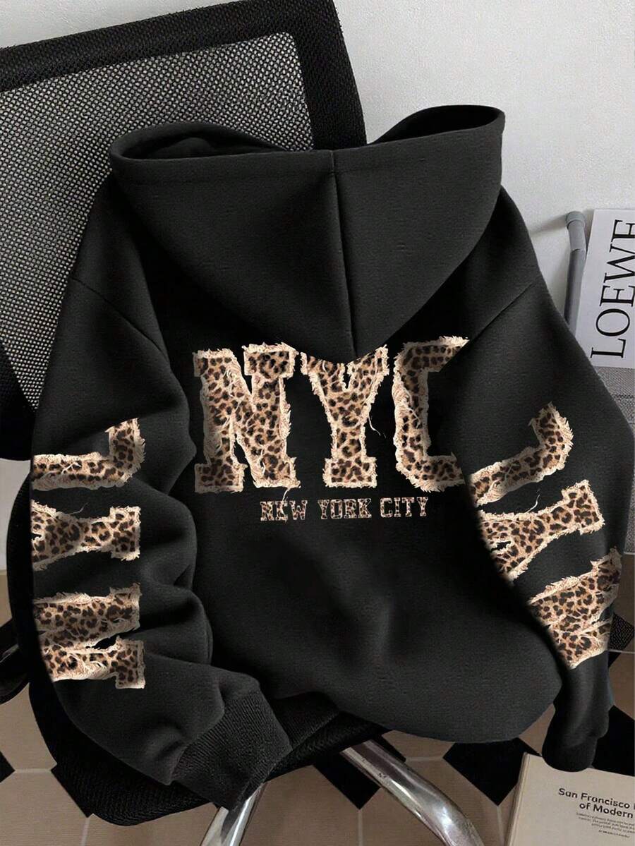 EMERY ROSE 大码女式豹纹字母印花休闲宽松卫衣，秋冬款