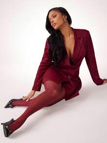 Radiana Fall/Winter Women's Sexy Elegant Metallic Sequin Fitted Long Blazer Jacket, Waist Cinched Suit Dress Suitable For Dates, Gatherings, Parties, New Year, Christmas, Banquets, Formal Occasions, Slimming Waist, Flattering Silhouette Red Blazer Dress Red Sequin Dress Red Sparkly Dress Red Outfits