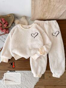 LMoss Kids LMoss  2pcs/Set Young Girl Solid Color Knitted Fleece Embroidered Sweatshirt And Leggings Set,Pull,Winter Clothes,Christmas,Noël,Ensemble,Long Sleeve Top,Ensemble Fille - Beige - View 3