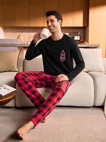 Manfinity Underwear&Sleepwear Basics 男士圣诞格子圣诞树印花长袖上衣和裤子睡衣套装 秋冬服装 - 黑色 - 查看 5