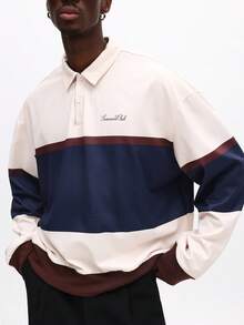 SUMWON Long Sleeve Striped Polo Shirt With Ribbed Cuffs And Hem Casual Colorblock Design Plain - Multicolor - View 1