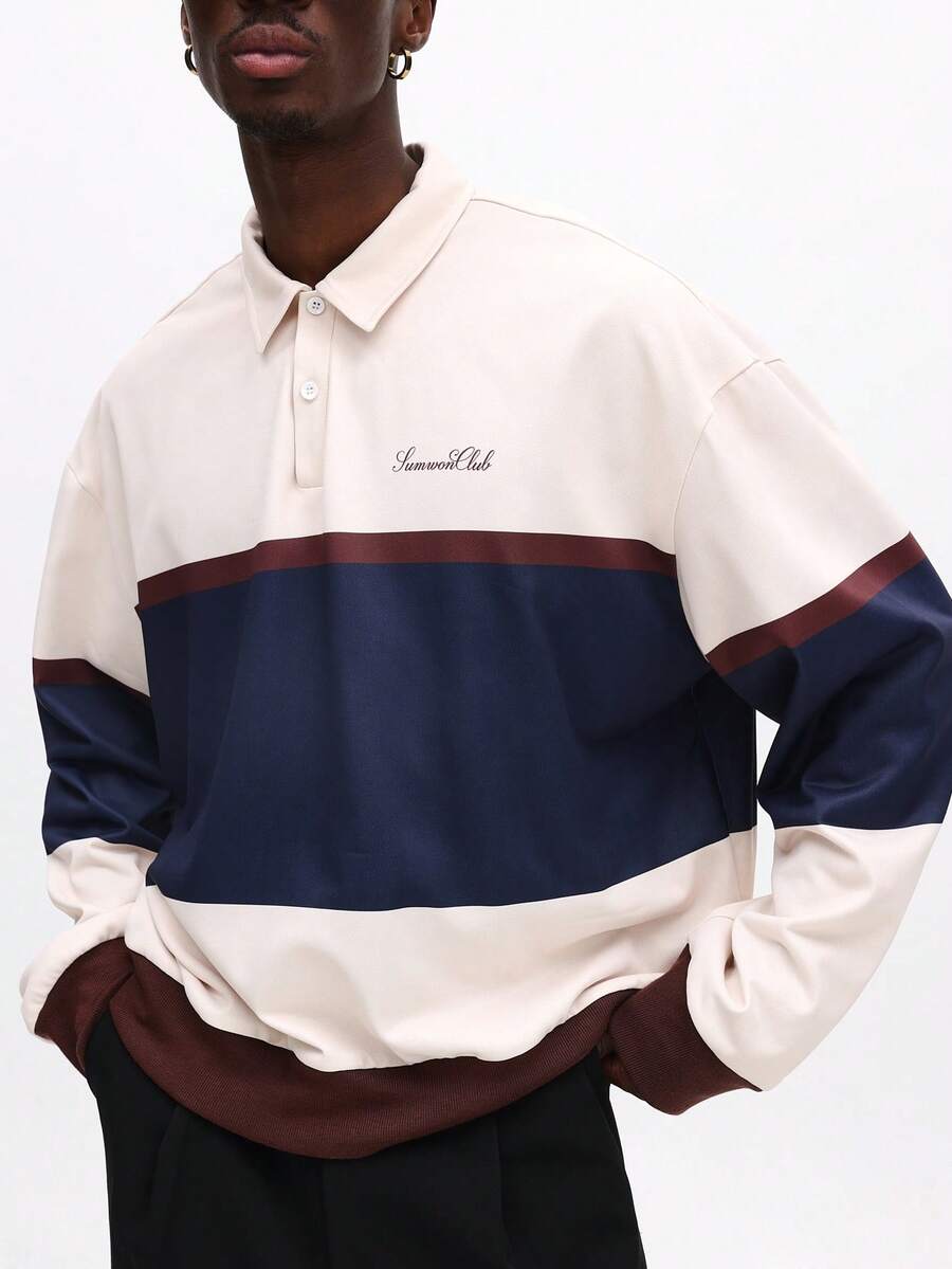 SUMWON Long Sleeve Striped Polo Shirt With Ribbed Cuffs And Hem Casual Colorblock Design Plain - Multicolor - View 1