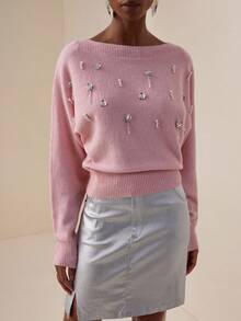 Vesra Loose Design 3D Floral Rhinestone & Pearl Embellished Versatile Women Sweater - Pink - View 4