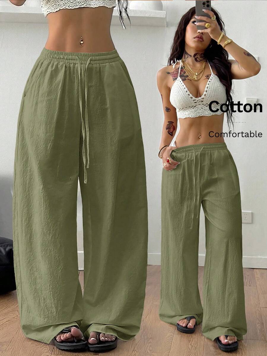 Coolane 女式夏季乡村音乐会外出海滩装波西米亚风基本款简约水洗 100% 纯棉白色裤子弧形下摆裤 - 綠色 - 查看 1