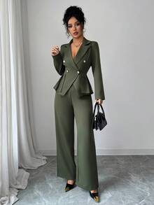 Elenzga Áo khoác blazer dáng ôm tay dài màu xanh quân đội thanh lịch dành cho nữ, ve vai màu xanh lá cây, cài nút kim loại, viền bất đối xứng, xếp nếp + Quần ống đứng dáng ôm thiết kế túi màu xanh quân đội thanh lịch dành cho nữ, Xuân/Thu - xanh quân đội - Xem 5