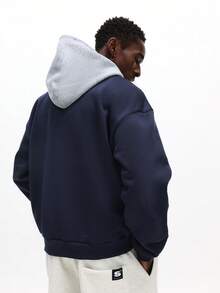 SUMWON Color Block Pullover Hoodie With Contrast Grey Hood And Drawstring Pockets Long Sleeve Casual Streetwear Winter Plain - Blue - View 2