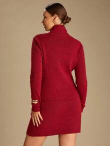 Enchnt Women's Wine Red Stand Collar Long Sleeve Knitted Mini Dress With Scarf,Elegant Chic Autumn Fall Clothes For Party,Brunch,Holiday&Office - Burgundy - View 7