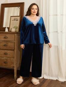 Côtesoire 大码丝绒V领蕾丝长袖睡衣套装，秋冬季服装 - 藍色 - 查看 6