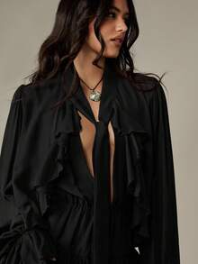 MISSGUIDED Frill Detail Long Sleeve Ruffle Hem Mini Dress With Tie Neck And Tiered Layers For Fall Winter Party Occasions - Black - View 5