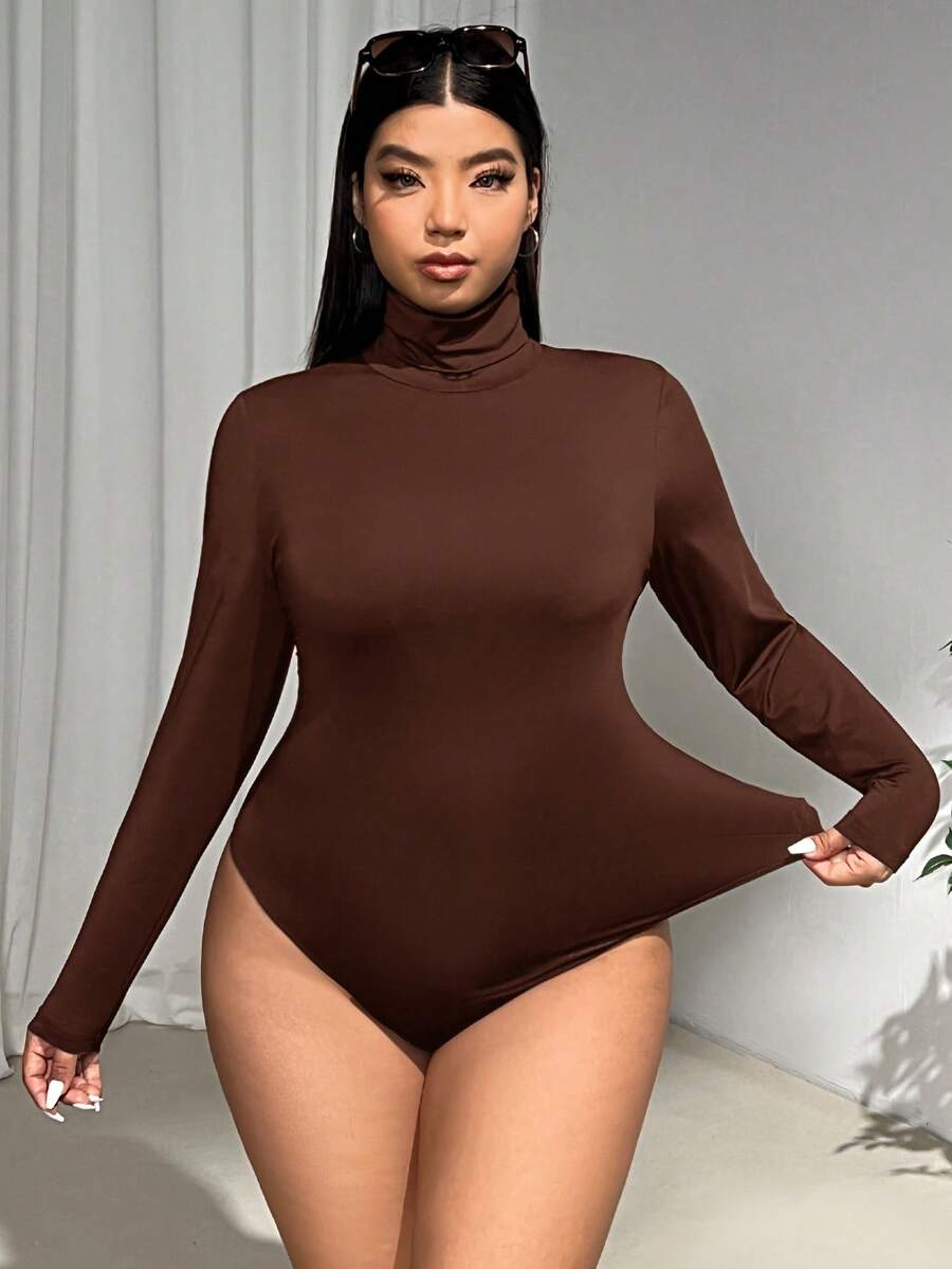 SHEIN EZwear 大码女式巧克力棕色高领长袖休闲T恤紧身衣 - 巧克力棕 - 查看 1