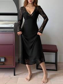 DAZY Nuisette longue pour femmes avec patchwork en dentelle et taille cintrée, pour l'hiver - Noir - Voir 8