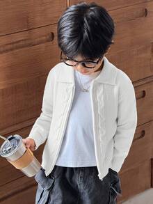 SHEIN Little Byeori 兒童小男孩休閒扭花前開拉鍊針織秋季開襟衫 - 白色 - 查看 4