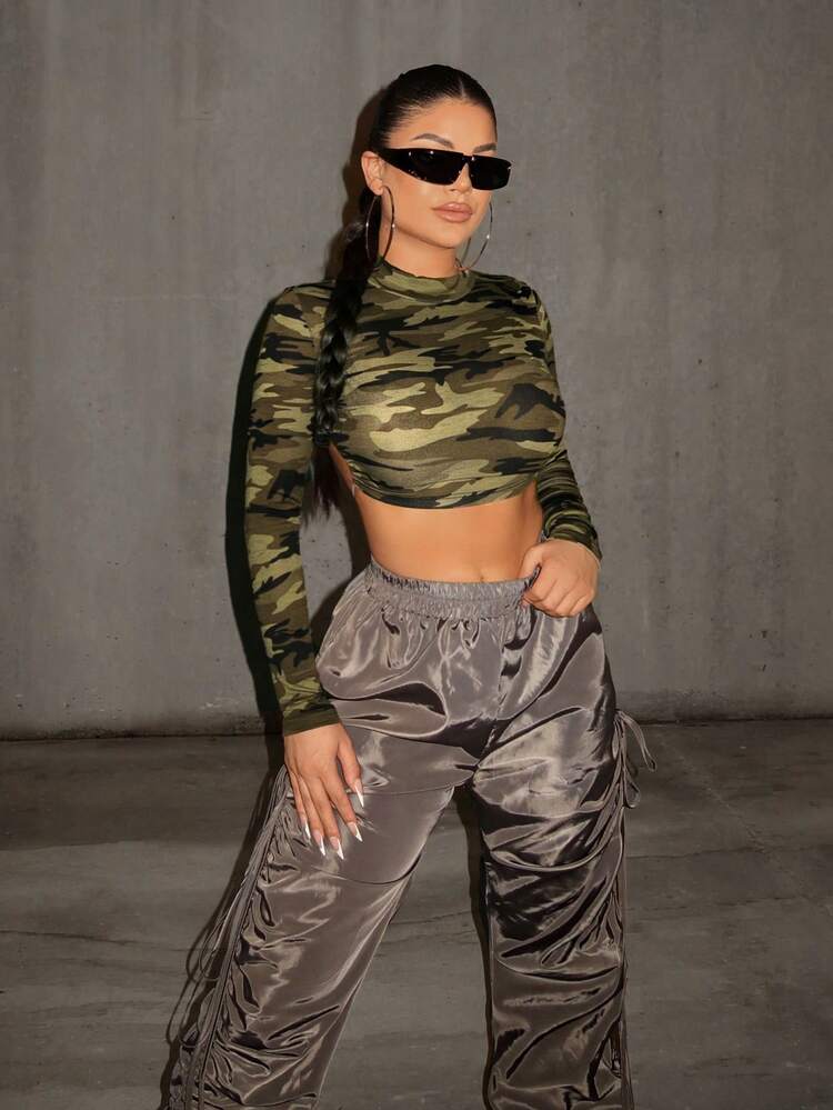 3pcs Camo Print Tee Ladies' Camouflage Print Stand Collar Cropped T-Shirt Backless Daily Leisure Music Festival