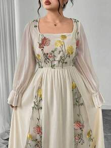 Modelyn Elegant Floral Embroidery Patchwork Plus Size Women Crew Neck Long Sleeve Dress - Yellow - View 4