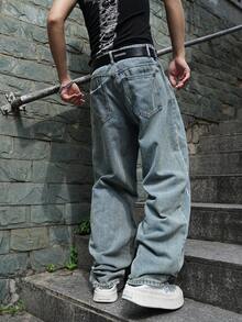 Manfinity EMRG Loose Men's Lightning Print Wide Leg Jeans - Light Wash - View 2