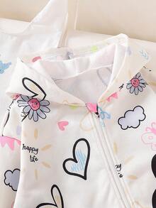 青少年女孩休闲百搭日常百搭校园街头涂鸦印花连帽拉链运动衫夹克 - 杏色 - 查看 4