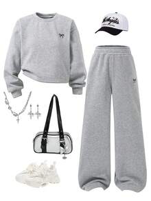 SHEIN 青少年女孩休闲基本款百搭日常校园运动街头水洗雪花花卉印花圆领短款宽松运动衫 + 阔腿裤套装 - 灰色 - 查看 6