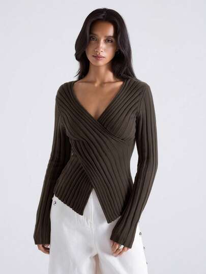 LYSMO Women's Solid Color Criss-Cross Design Long Sleeve Casual Sweater, Autumn/Winter,Brown Top,Fall,Fall Clothes For Women