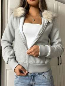 SHEIN EZwear 女士休闲灰色碎花拉链卫衣，适合日常穿着、毕业典礼、返校季、秋冬季节。 - 淺灰色 - 查看 4