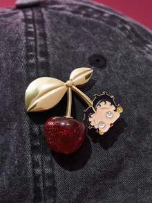 Betty Boop x SHEIN Zinc Alloy Three-Dimensional Red Cherry Brooch, Gold Pin Badge, Gift Collection Souvenir, Suitable For Matching Coats, Shirts, Suits, Bags.Gift Ideas,Party,Holiday,Valentine's Day - Multicolor - View 2