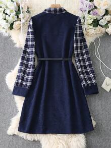 Franclia 这款百搭衬衫领灯芯绒拼接格子连衣裙，适合秋冬季日常通勤、感恩节、圣诞节等各种场合，尽显优雅气质。 - 藏蓝色 - 查看 2