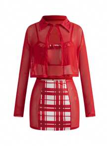 Bộ trang phục áo lưới tay dài, áo hai dây ngắn và váy ôm sát kẻ caro mini cho nữ, dành cho dịp Giáng sinh - Đỏ và trắng - Xem 1