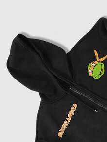 ROMWE MEN TEENAGE MUTANT NINJA TURTLES X ROMWE 男士休闲卡通印花拉链前抽绳连帽羊毛运动衫，秋冬 - 黑色 - 查看 3